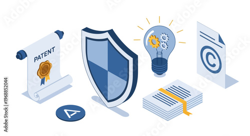 Intellectual Property Protection Symbols Including Patent Shield and Copyright.