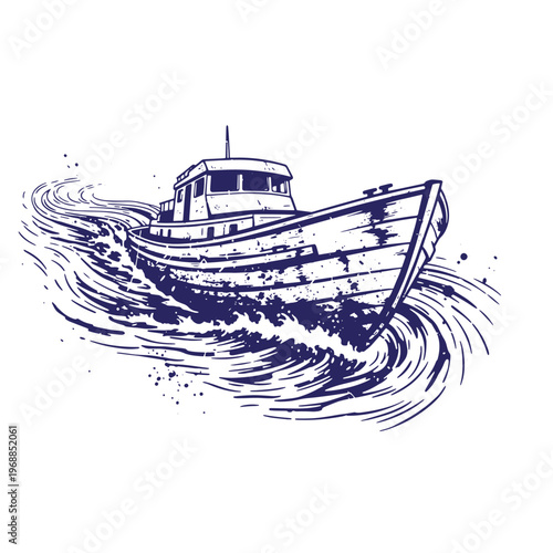 Dark blue ink of a wooden fishing trawler boat moving through swirling ocean waves with a textured distressed finish on a white background
