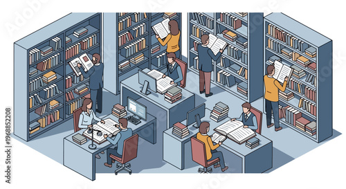 People reading and studying in a library with bookshelves and desks.