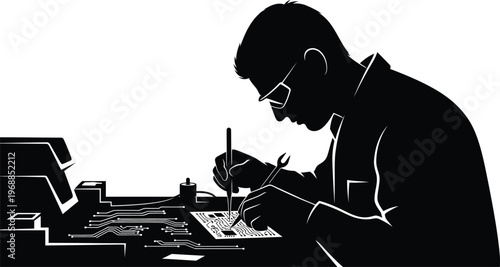 Electronic repair technician skilled hands fixing circuit boards and electronic devices