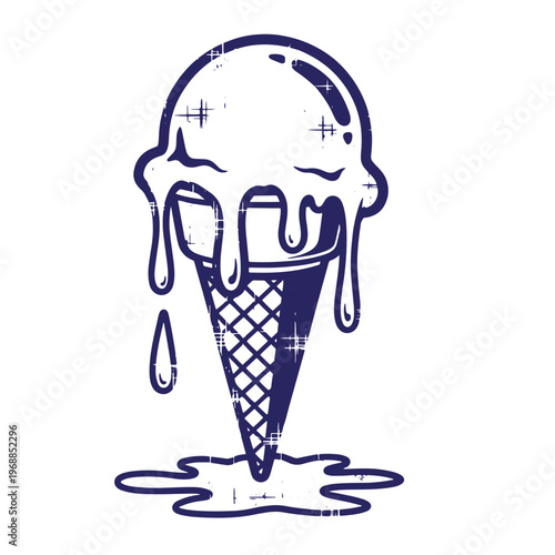 Dark blue of a melting ice cream scoop in a waffle cone with a distressed texture effect on a white background