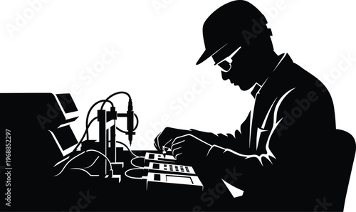 Electronic music producer silhouette of dj working with electronic equipment
