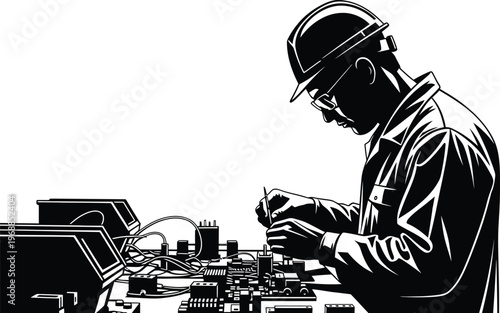 Electronic repair technician skilled hands fixing complex circuit boards electronic devices