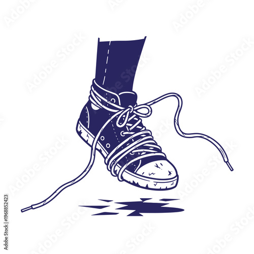 Dark blue of a single sneaker with long dangling laces wrapped around the shoe and a small star shaped puddle on the ground below the sole isolated on a white background