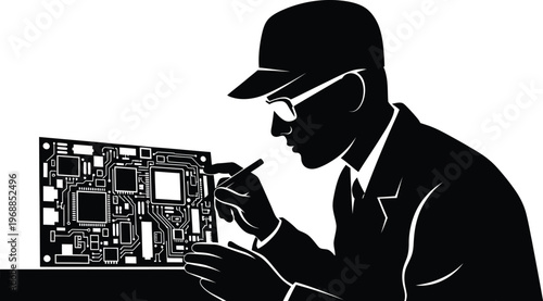 Electronic circuit board inspection expert analyzing tech with precision and detail