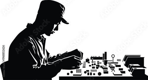 Electronic repair technician working on circuit board detailed illustration