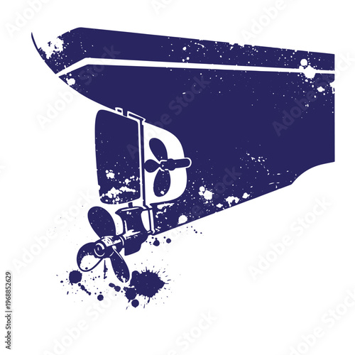 Dark blue silhouette of a boat hull with a rudder and propeller featuring a distressed grunge texture with paint splatters isolated on a white background