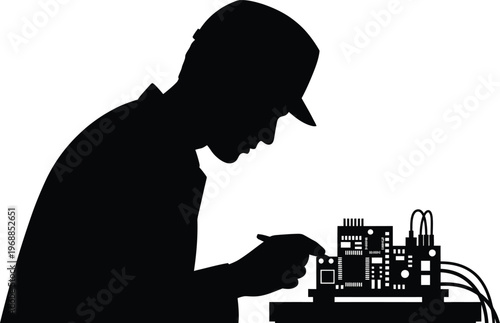 Electronic repair technician silhouette of engineer working on circuit board