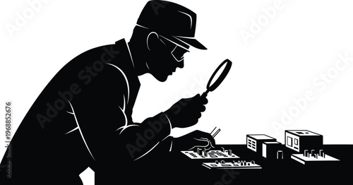 Vintage illustration man inspecting electronic components with magnifying glass