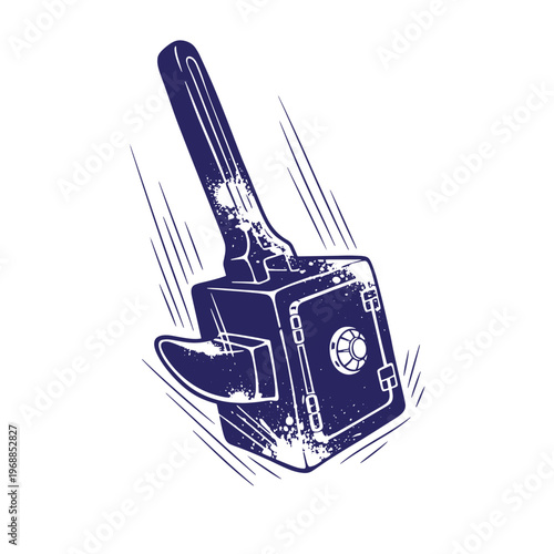 Dark blue silhouette of a heavy metal safe combined with a claw hammer falling downwards with motion lines and distressed ink splatter texture on a white background