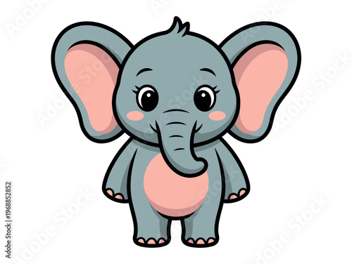 A cute cartoon elephant with big ears and a pink belly standing on a white background