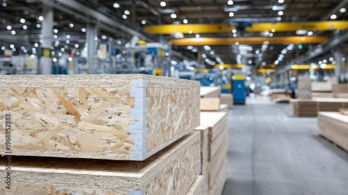 Close-up front perspective of engineered wood panels stacked symmetrically with protective corner guards, layered textures of laminated surfaces clearly visible, expansive factory
