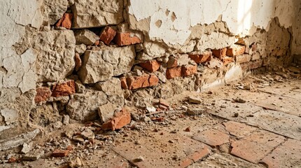 Close-up texture of an ancient wall damaged by an earthquake, crumbling stone, broken brick, sand, chipped plaster and sunlit floor tiles, historical decay and disaster detail, photorealistic