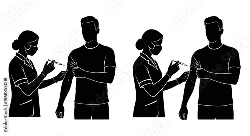 Healthcare workers administering vaccinations to two patients in silhouette