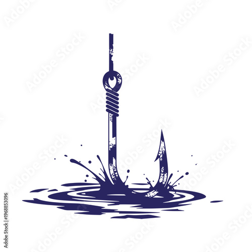 Dark blue silhouette of a metal fishing hook tied to a line splashing into water with ripples and droplets isolated on a white background