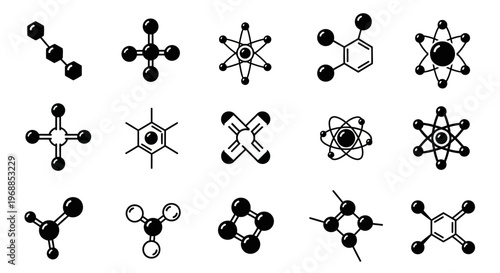 Various molecular structures and atomic arrangements illustrated in black and white