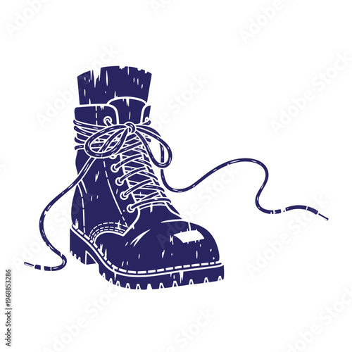 Dark blue silhouette of a rugged lace up work boot with distressed texture and loose shoelaces isolated on a white background