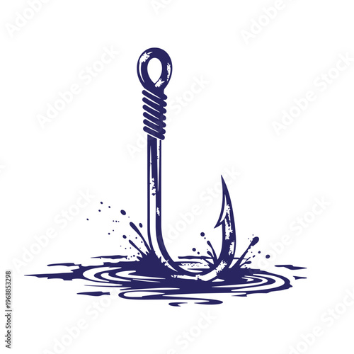 Dark blue silhouette of a sharp fishing hook splashing into water with ripples and droplets isolated on a white background
