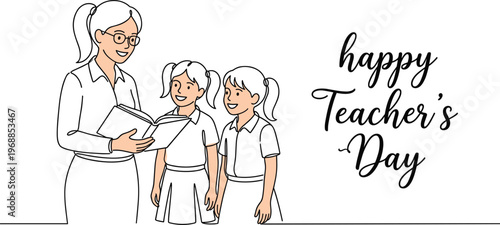 Female educator reading book to young school students in continuous line art style for happy teachers day celebration.