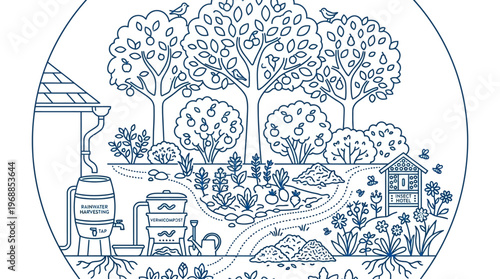 Eco-Friendly Garden and Home System Line Art Illustration, Sustainable Living with Rainwater Harvesting and Composting Vector.