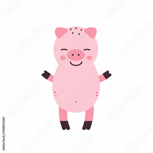 Cute pink pig cartoon character smiling and winking happily standing alone