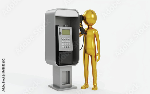 Gold human figure standing next to a payphone making a call on a white background  communication and technology concept