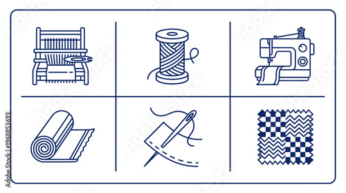 Textile and Sewing Craft Line Icons Set, Weaving and Garment Production Outline Vector Collection, isolated white background.