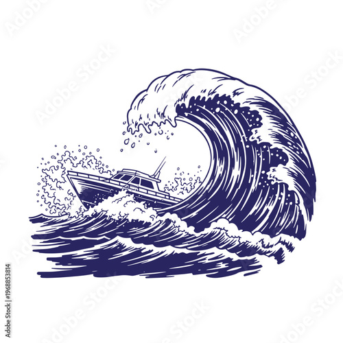 Motorboat navigating through a large crashing ocean wave in a dark blue ink style on a white background depicting a nautical scene with water spray and turbulent sea currents