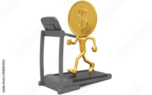 Gold coin character running on treadmill with dollar sign fitness and exercise concept  golden humanoid figure with coin head on gray treadmill