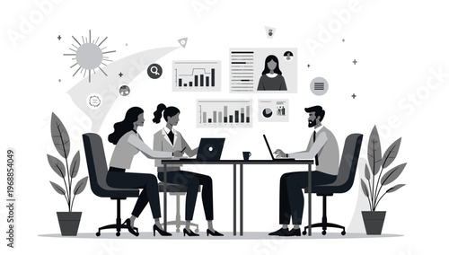 A stylized illustration of a potted plant sitting on the floor next to a chair, conveying a sense of calmness and serenity in a modern workspace.