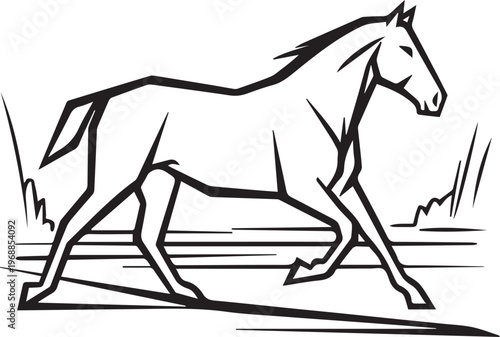 Powerful Horse Vector in Black and White Detailed Line Art Illustration