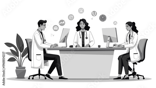 A simple grayscale illustration of a potted plant and office chair, conveying a calm and organized workspace.