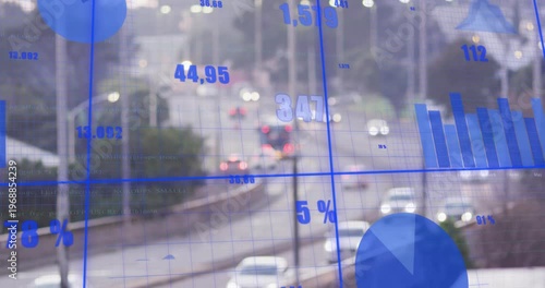 Opening highway initiating grid with animating bar line pie charts illustrating traffic trends