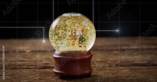 Gold flakes drifting inside globe glowing lines emerging connecting around highlighting figurine