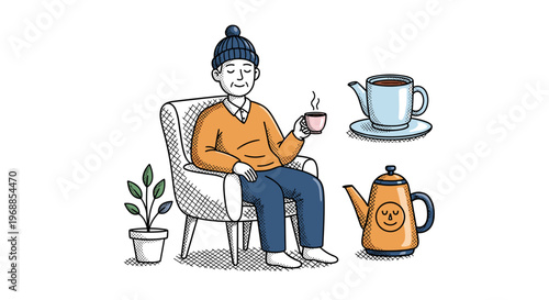 A man in a beanie and sweater sips hot tea from a mug while relaxing in an armchair, with a plant and teapots.