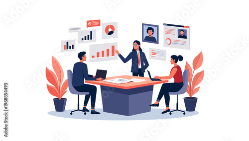 A stylized illustration of a potted plant with vibrant red leaves in a dark blue pot on a white background, conveying growth and serenity.