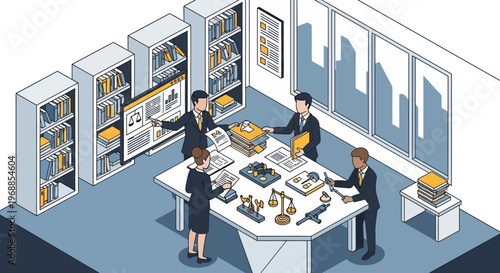 Lawyers in a meeting discussing legal documents and evidence at a conference table.