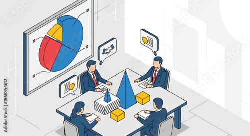 Business meeting with pie chart and geometric shapes on table.