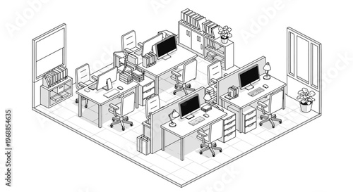 Modern Office Interior Design with Cubicles and Computers.