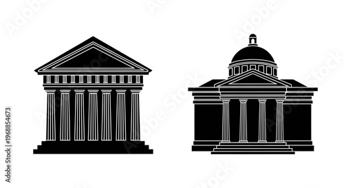 Two black and white illustrations of classical architectural building facades