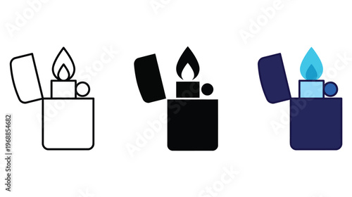 Gasoline lighter icon. Pocket lighter and ignition symbol. Flame, spark and fuel sign. Fire start concept representing gasoline lighter, refillable and flammable ignition tool.