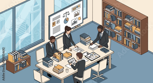 Legal professionals collaborate in a modern office meeting room discussing case strategy.