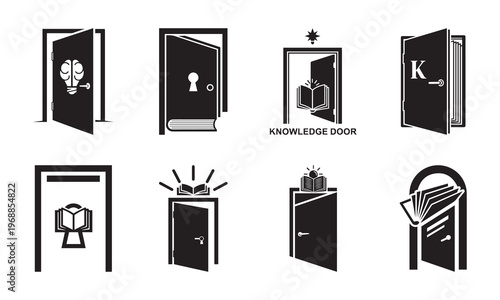 Collection of stylized door icons representing knowledge, opportunity, and entry, often incorporating books and brain motifs
