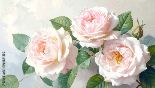 Close-up of three soft pink roses, lush green leaves, a bud, and a subtle watercolor-style painted backdrop