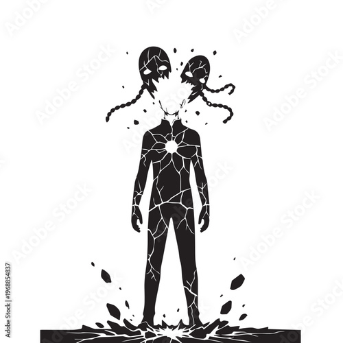 Cracked silhouette, broken person, shattered human, black vector icon
