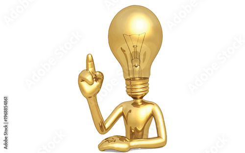 Gold shiny humanoid figure with lightbulb head pointing up  creative idea concept