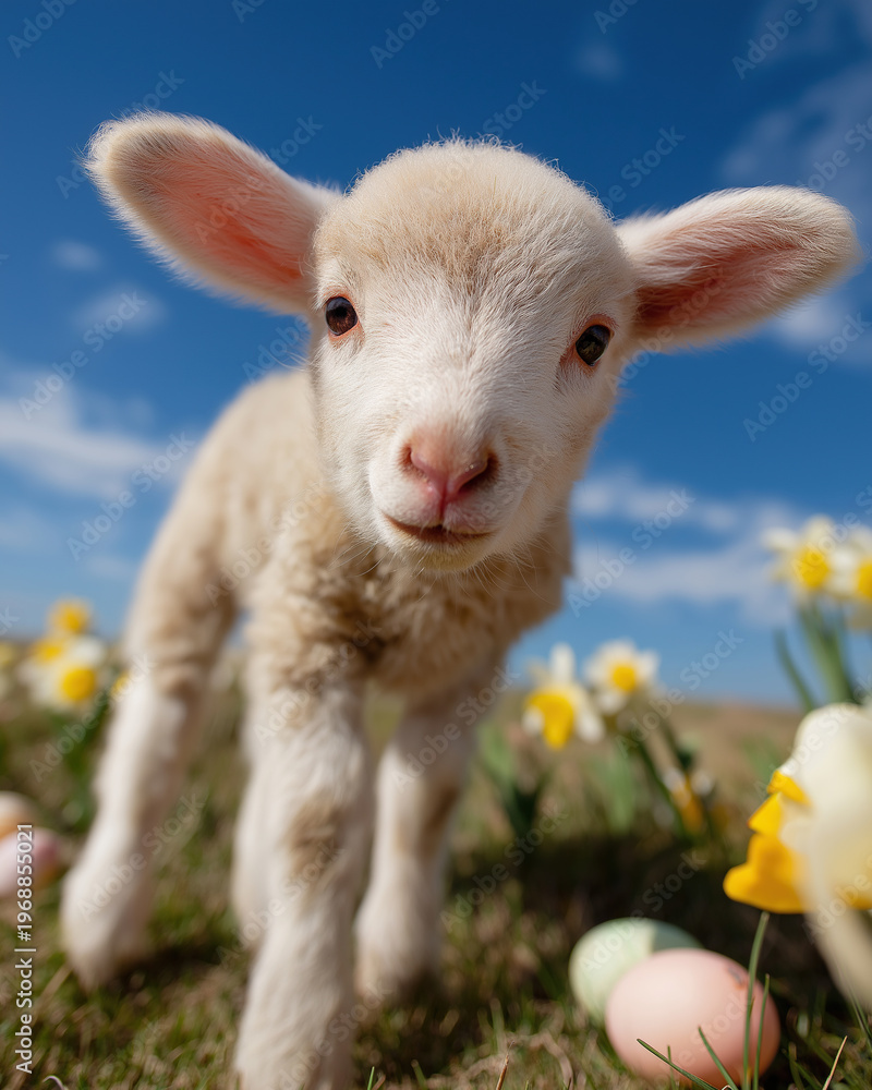 Fototapeta premium A close-up portrait of a fluffy white lamb in a field of yellow daffodils and pastel Easter eggs under a bright blue sky.