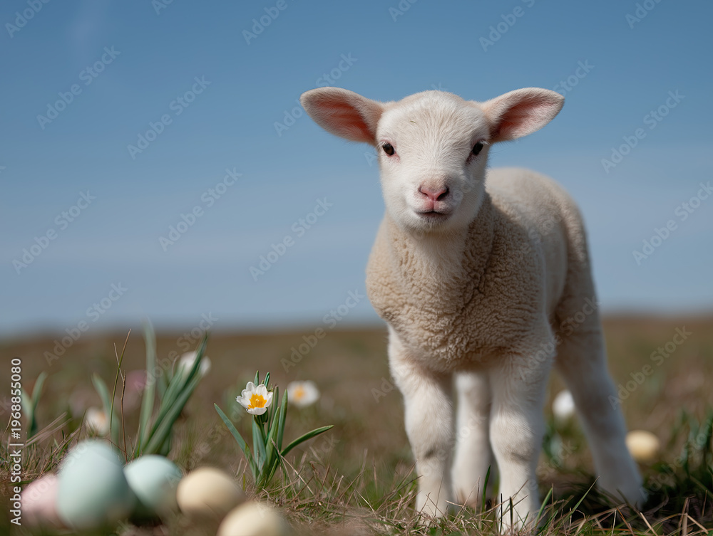 Obraz premium A cute baby lamb stands on green grass next to pastel-colored Easter eggs and blooming white crocuses in a field.