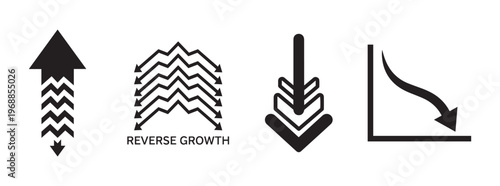 Collection of icons illustrating negative growth, decline, and reverse trends