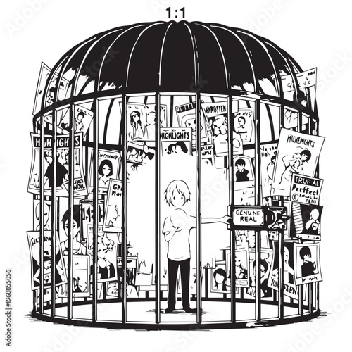 Black and white illustration, person trapped in cage, surrounded by posters and ads, confined space, advertising bombardment